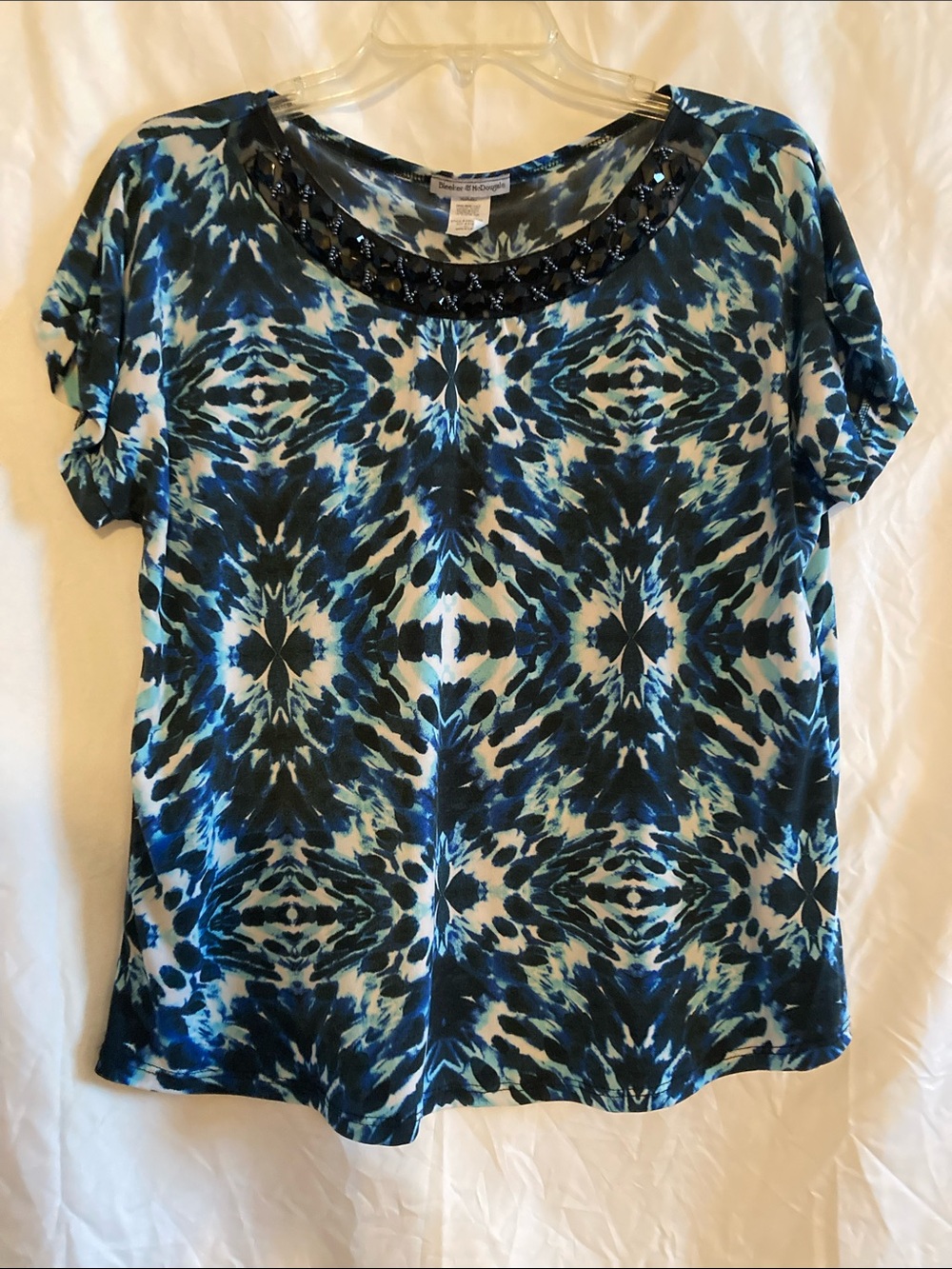 Bleeker & McDougal Blue Multi-Pattern Short Sleeve Knit Top, beaded neckline PL